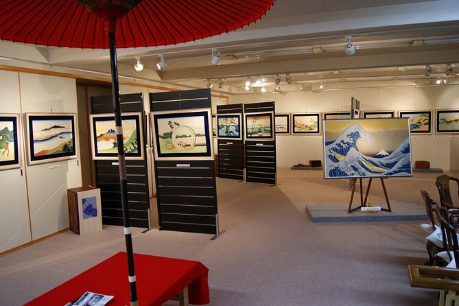Itajime Shibori Scarf Class - Kyoto Shibori Museum upstairs: exhibits that explain what your hands just did